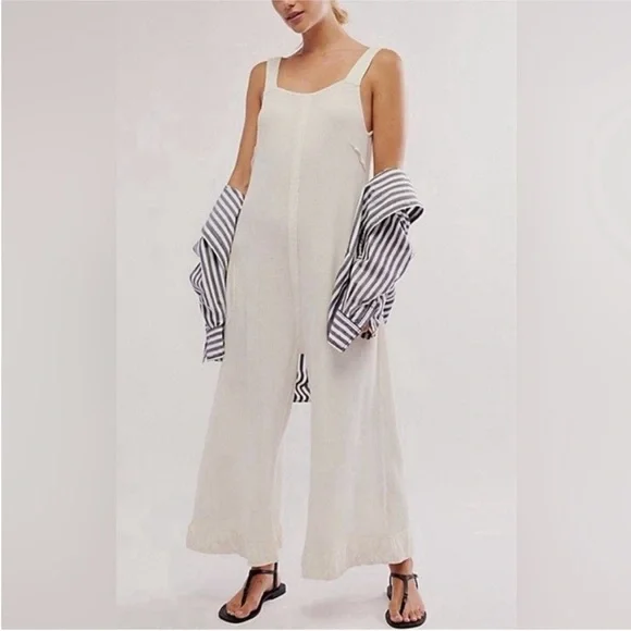 HAUTE HIPPIE Women's Linen Sleeveless Wide Leg Jumpsuit Coverup White XL - Picture 3 of 12